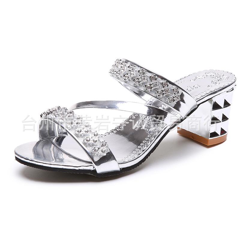 Fashion Square Heel Women's Slides with Rhinestone, Korean Summer Ladies Sandals Mid Heel Women Shoes Large Size Slippers Women