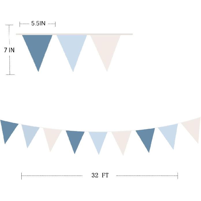 32Ft Blue Party Decorations Retro Blue Triangle Banner Flag Pennant Bunting Fabric Garland Streamers for Nautical Wedding Birthday Ahoy Achor Bridal