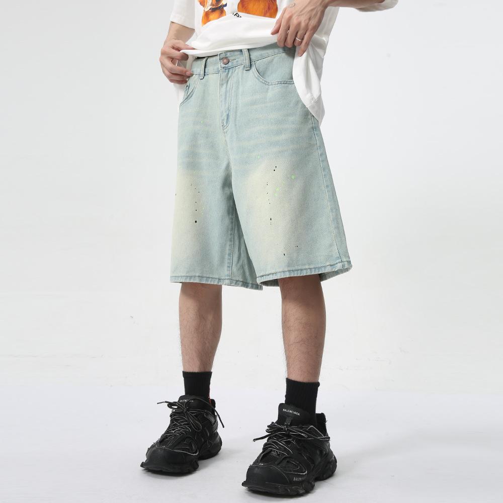 Men's Summer New Product with Splashed Ink Dot Design, Light Blue Washed Five Point Jeans Trend