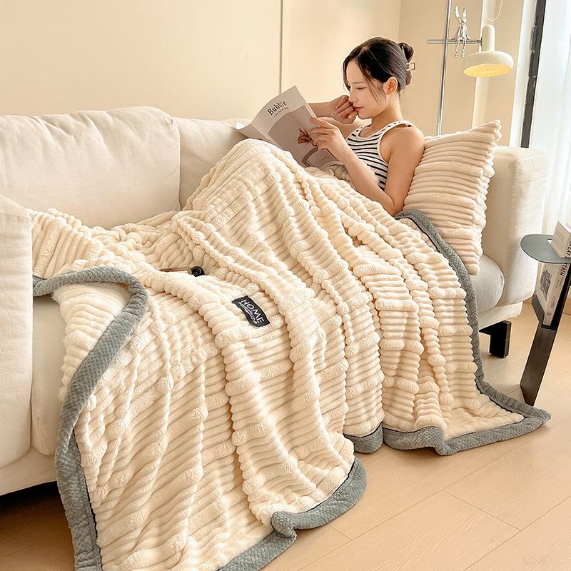 Imitation Rabbit Plush Striped Keep Warm Sofa Blanket Autumn Winter Warmth Bed Blankets Soft Fluffy Napping Shawl Blanket Queen