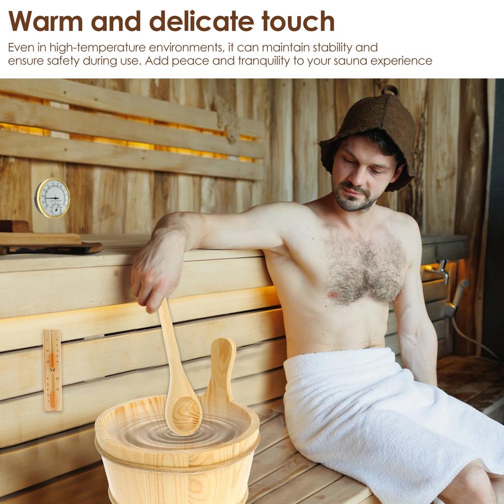 4-teiliges Set Sauna-Zubehör Holz Sauna-Eimer Sauna-Schöpfkelle mit Griffdesign 2 in 1 Sauna-Thermometer & Hygrometer Sanduhr-Timer