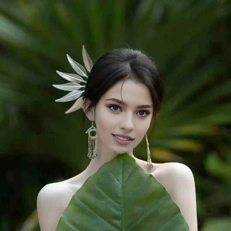 1PC Headwear Jewelry Thailand Ethnic Golden Dance Party Decoration Hairpin for Women Crystal Flower Hair Accessories Alloy Leaf