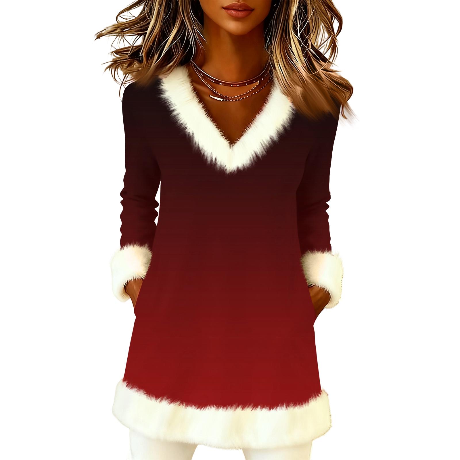 

Women s Christmas Fashion Plush V-Neck Pullover Gradient Color Long-Sleeved Top XL винный