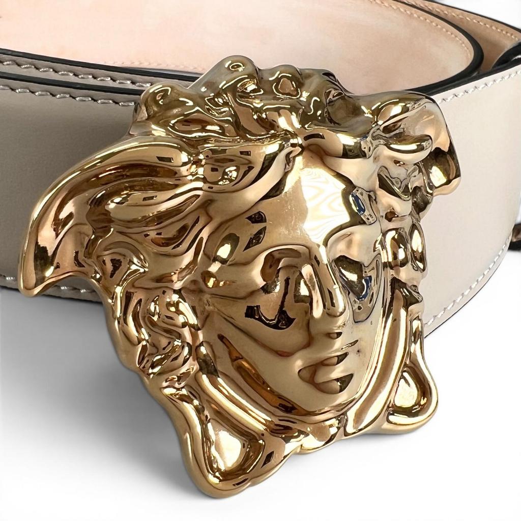 Great VERSACE Belt Medusa Motif Buckle Beige Calf Leather Mens Used