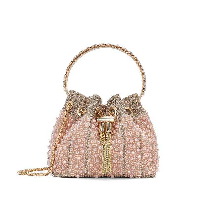 

New Design Women Full Pearl Bucket Handbag Glitter Shiny Diamond Evening Clutch Bag Luxury High-end Party Dress Crossbody Bag