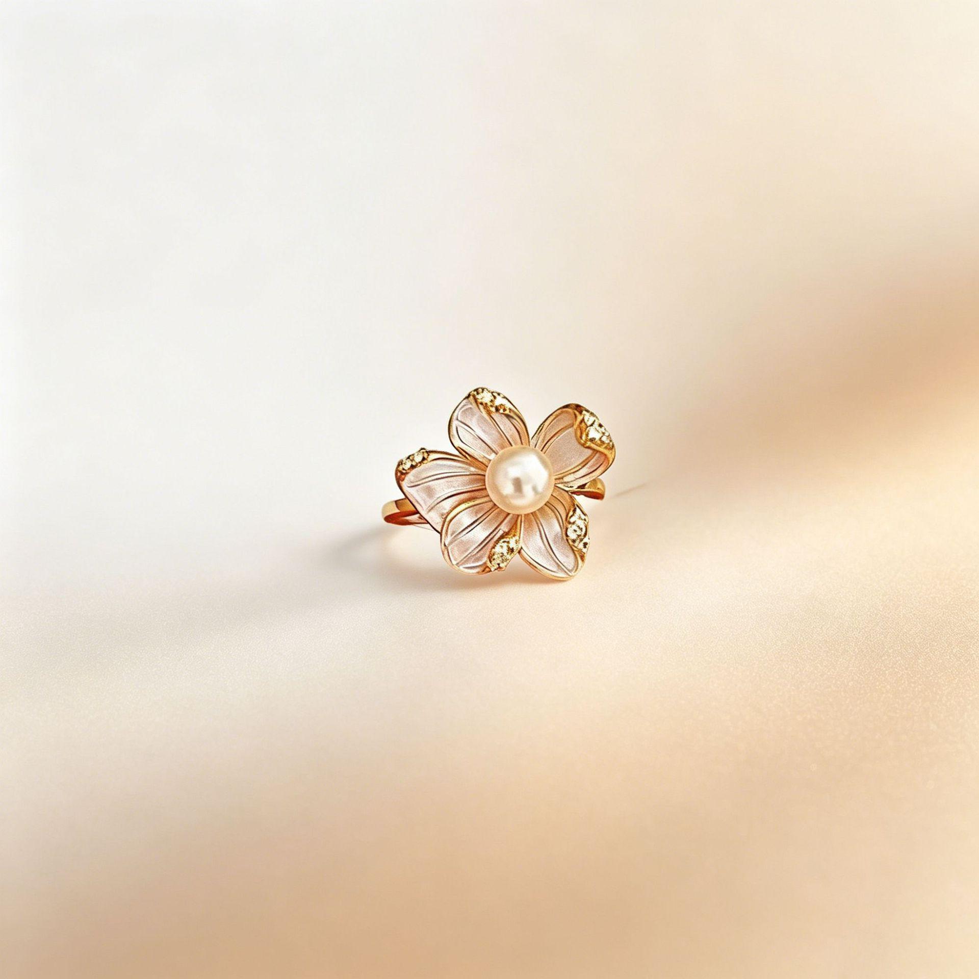 Yanbai Elegant Camellia Retro Faux Pearl Ring with Enamel Design - Off-White Sweet Jewelry Size 10