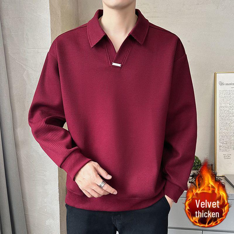Men's Trendy V-Neck Fleece-Lined Polo Sweatshirt - Autumn/Winter 2025 Collection