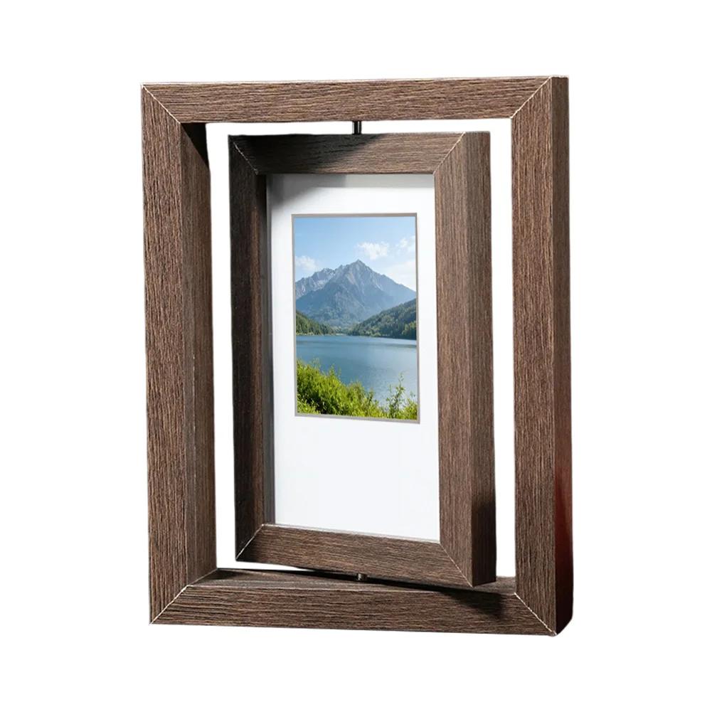 Dual-Sided 360° Rotating Wooden Picture Frame, Elegant Desktop Decor Holds Two 7-Inch Photos For Home Or Office Display