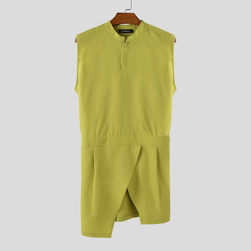 INCERUN Men Summer Buttons Stand Collar Sleeveless Cutout Casual Irregular Splits Tank Tops