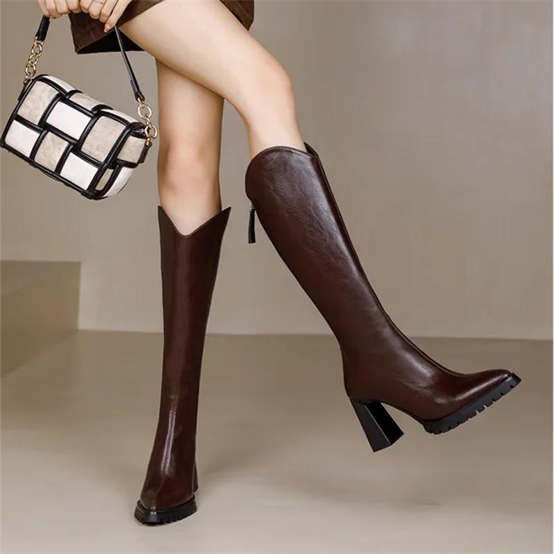 Long Boots for Women Pointed Toe Knee High Shaft Shoes Woman Elegant Quality Gyaru Spring Autumn Trend Waterproof Boot New
