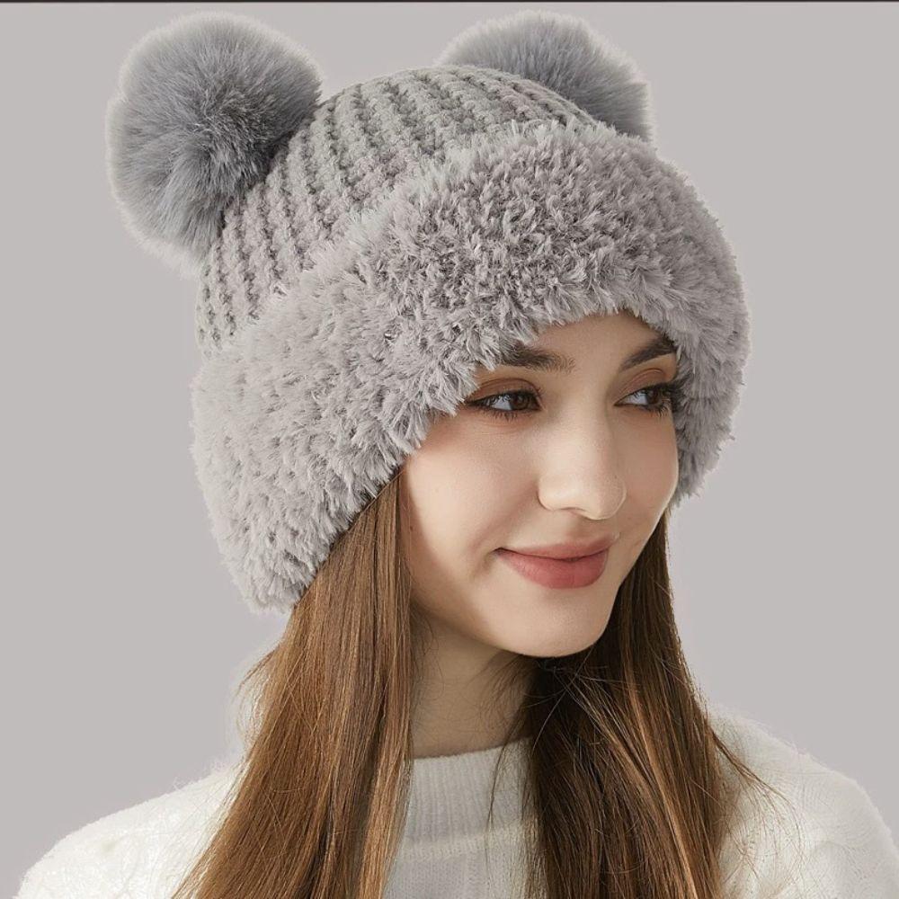 Bear Ear Design Beanie Hat Solid Color Ski Cap Cute Knitted Hat