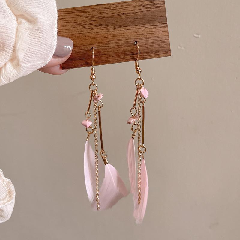 Hot selling ethnic style retro feather earrings, long multi colored vacation feather earrings, bead string design, circular earrings