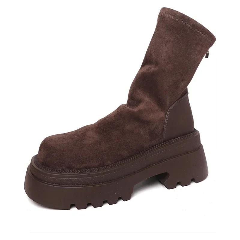 Designer Vintage Women Stretch Modern Boots Fashion Back Zippers Short Booties Ladies Elegant Thick Heel Shoes