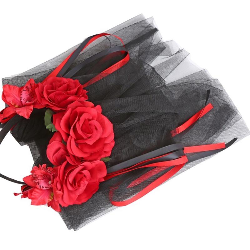 Gotisches Blumenhaarband mit Schleierband für Frauen Cosplay Party Kostüm Tag der Toten Kopfschmuck Feiertagsaccessoires