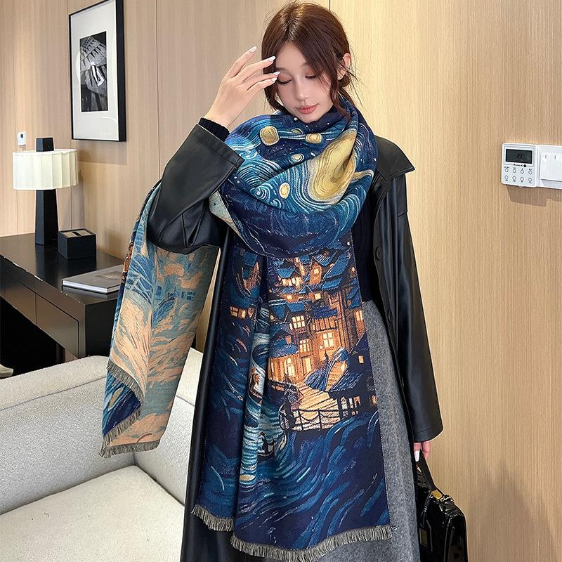 Niche Design Starry Sky Imitation Cashmere Scarf for Women Autumn and Winter New Oil Painting All Match Scarf Warm Thickened Shawl