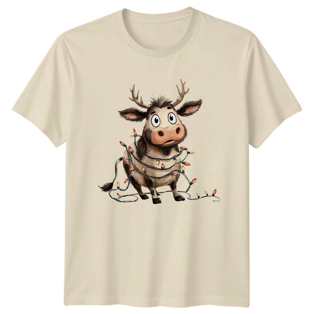 Cow Reindeer Christmas Lights Holiday Mens TShirt Womens Graphic Tee Unisex T-Shirt S