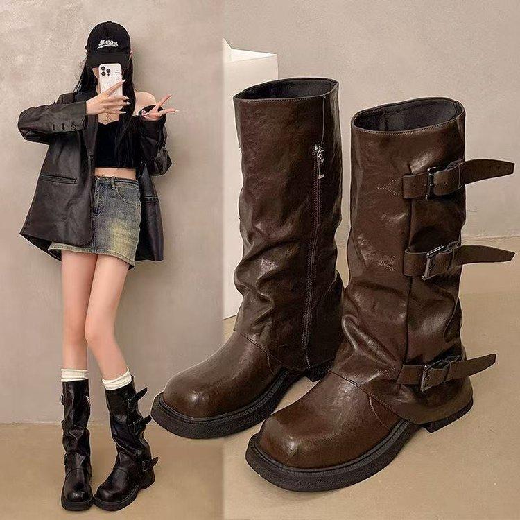 Temperament but knee Martin boots women's autumn and winter new long boots thick sole heightened pleated design knight boots