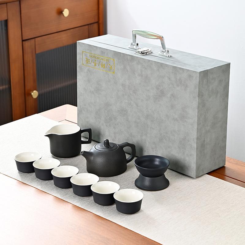 Japanese-style black pottery Kung Fu tea set, household ceramic teapot, teacup small set gift box