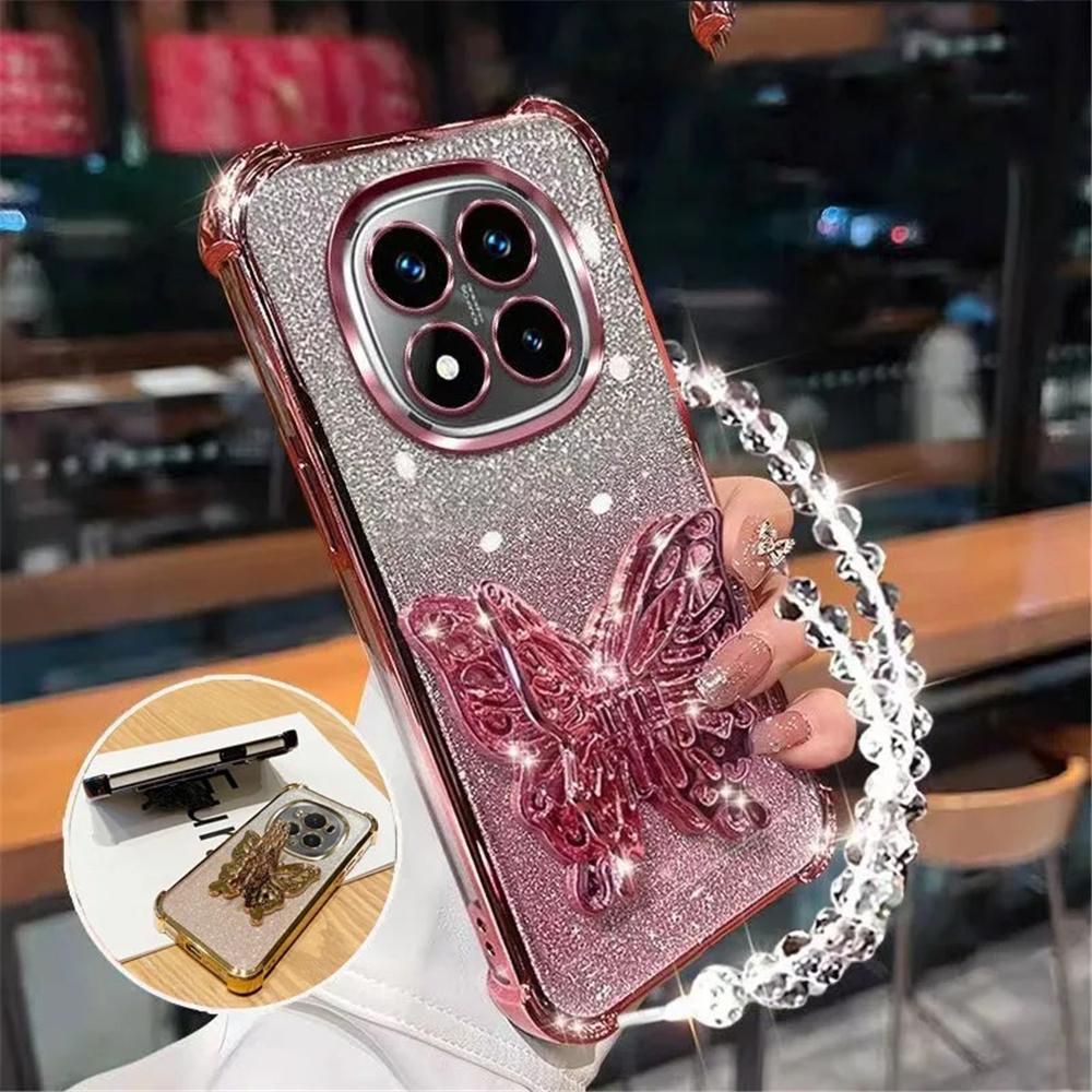 Butterfly Folding Stand Bracelet Phone Case For Xiaomi Redmi Note 12 Pro 11S 10S 9S 12 11 10 9 Pro Glitter Shockproof Soft Cover
