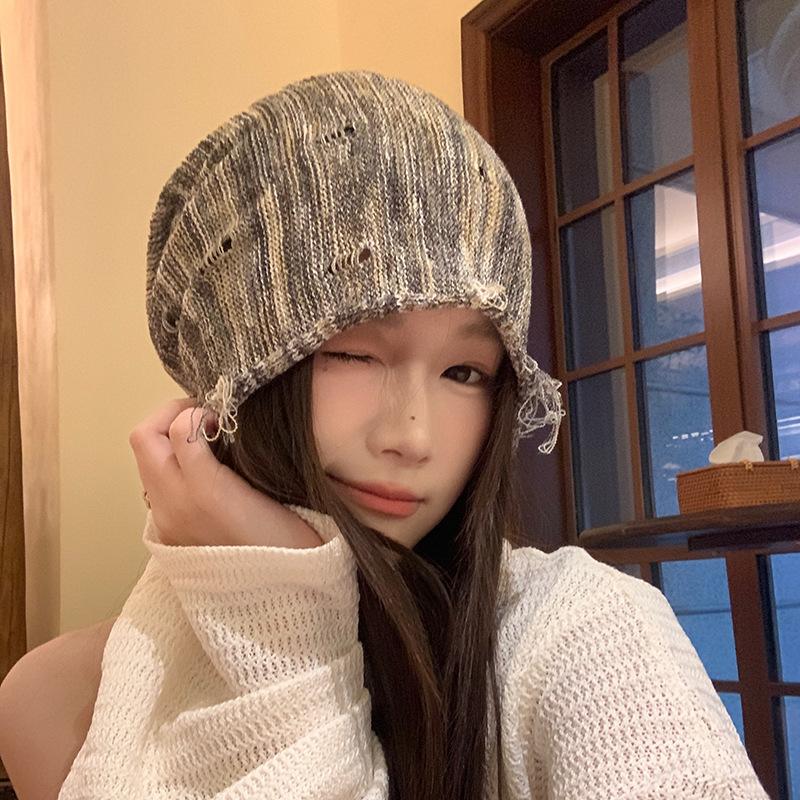 Personalized Distressed Hole Knitted Hat for Women in Autumn Niche Pile Hat Japanese Wasteland Air Cooled Hat Warm Pullover Hat