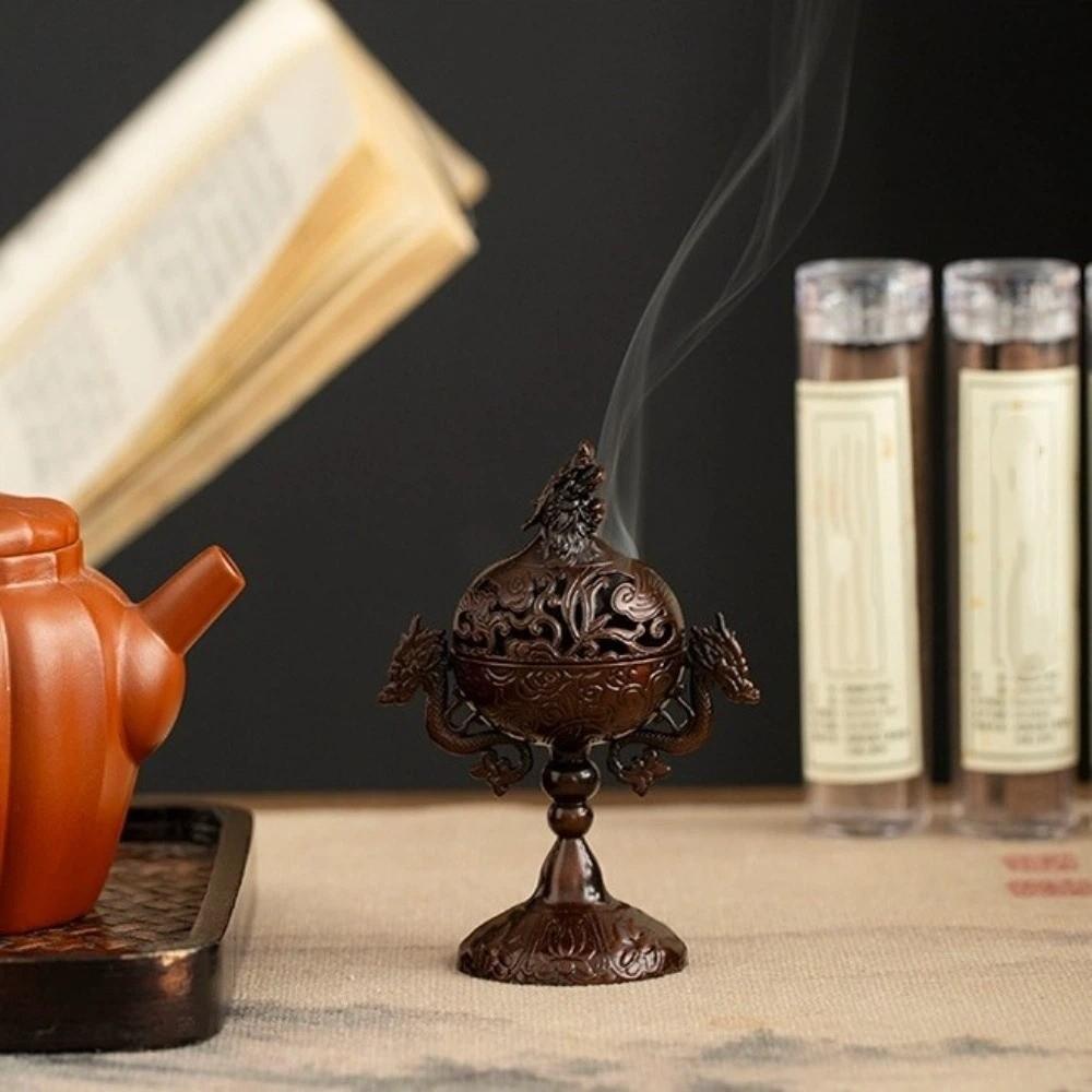 Vintage Alloy Incense Burner Hollow Out Handmade Sandalwood Incense Burner Double Dragon with Lid Aromatherapy Stove