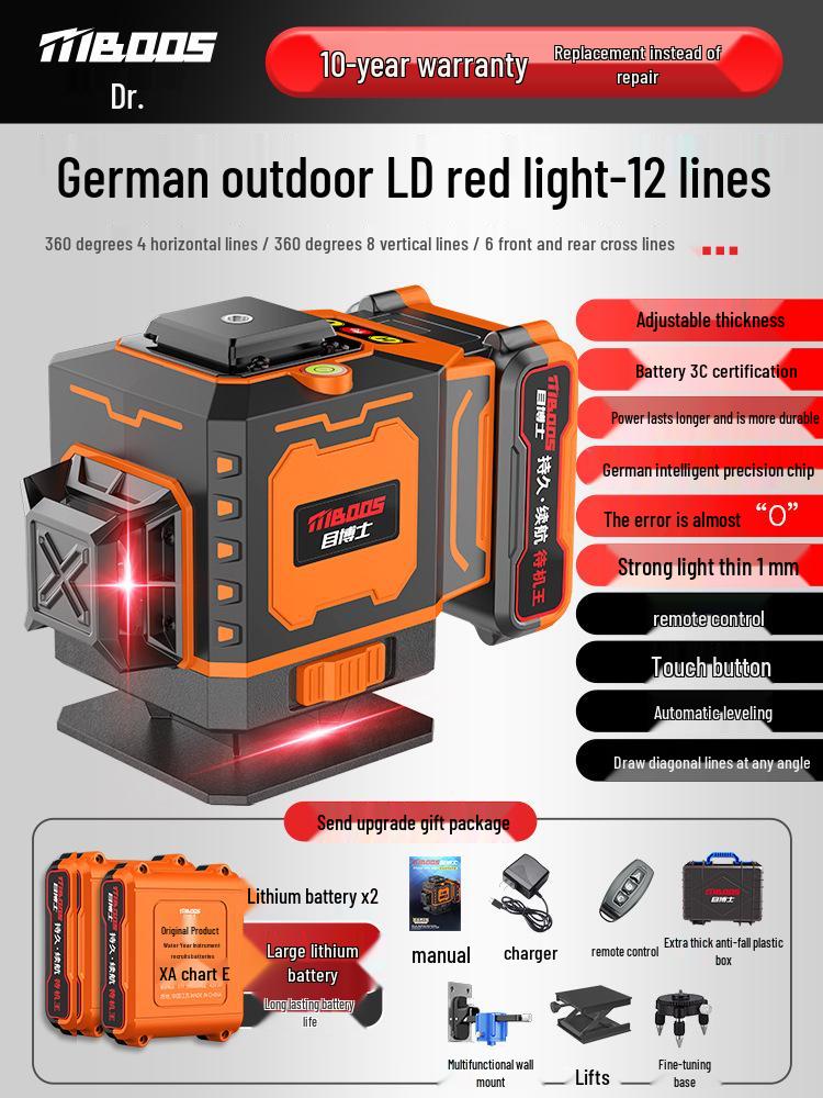 Nível Laser Infravermelho Automático de Alta Precisão de 12 Linhas para Uso Interno/Externo