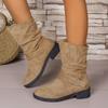 Plus Size Women's Spring Wrinkled Belt Buckle Boots Block Heel Below Knee Slimming Mid-Calf