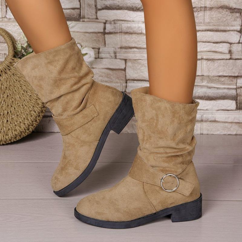 Plus Size Women's Spring Wrinkled Belt Buckle Boots Block Heel Below Knee Slimming Mid-Calf