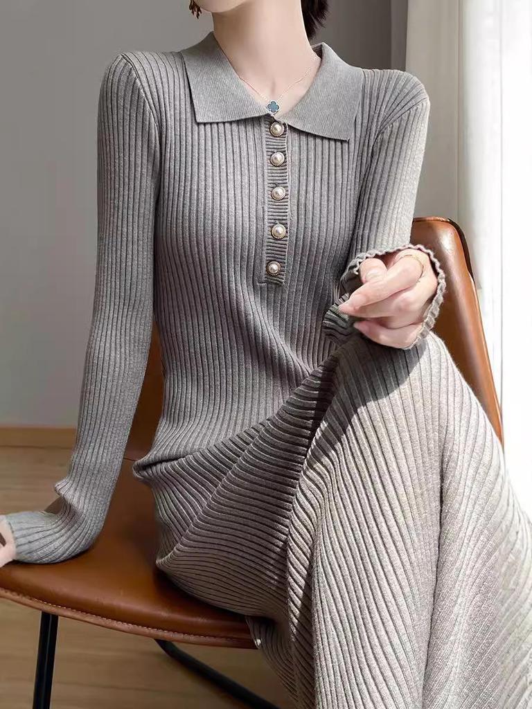 Women's Extra Long Slimming Knitted Polo Collar Dress for Autumn and Winter