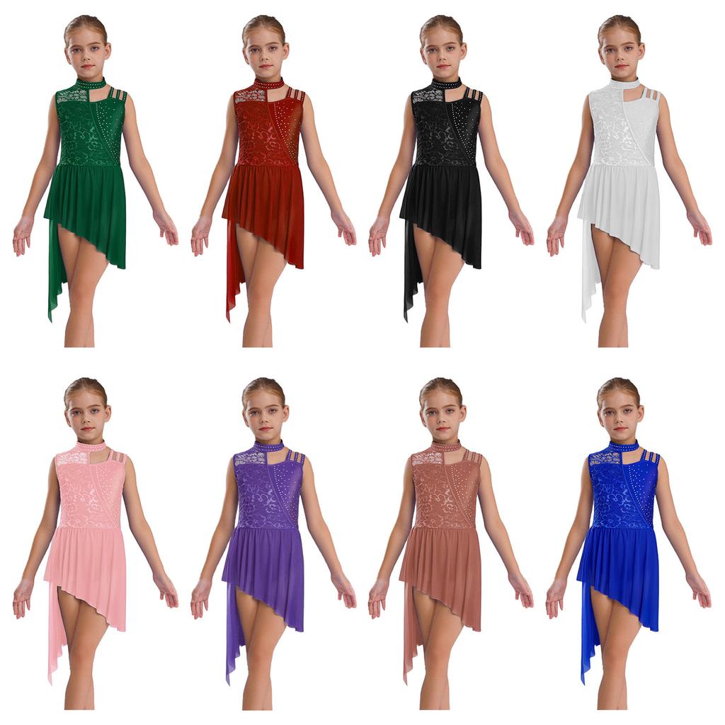 Kids Lyric Dance Leotard Dress – Sleeveless Mock Neck, Floral Lace & Rhinestones, Asymmetrical Shoulder & Irregular Hem