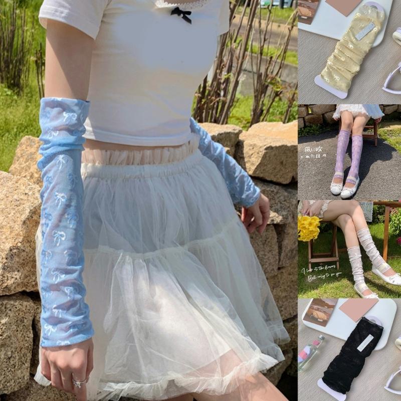 Womens Long Arm Leg Sleeves Ultrathin Lace Sun Protective Cooling Ice Silk Arm Leg Covers Fingerless Gloves Accessories