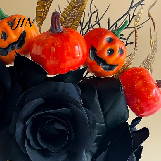 Autumn Harvest Bouquet Halloween Flowers Decorations, Black Artificial with Pumpkin Rose Eucalyptus Maple Leaf Decor Floral Stems, Indoor Branches for