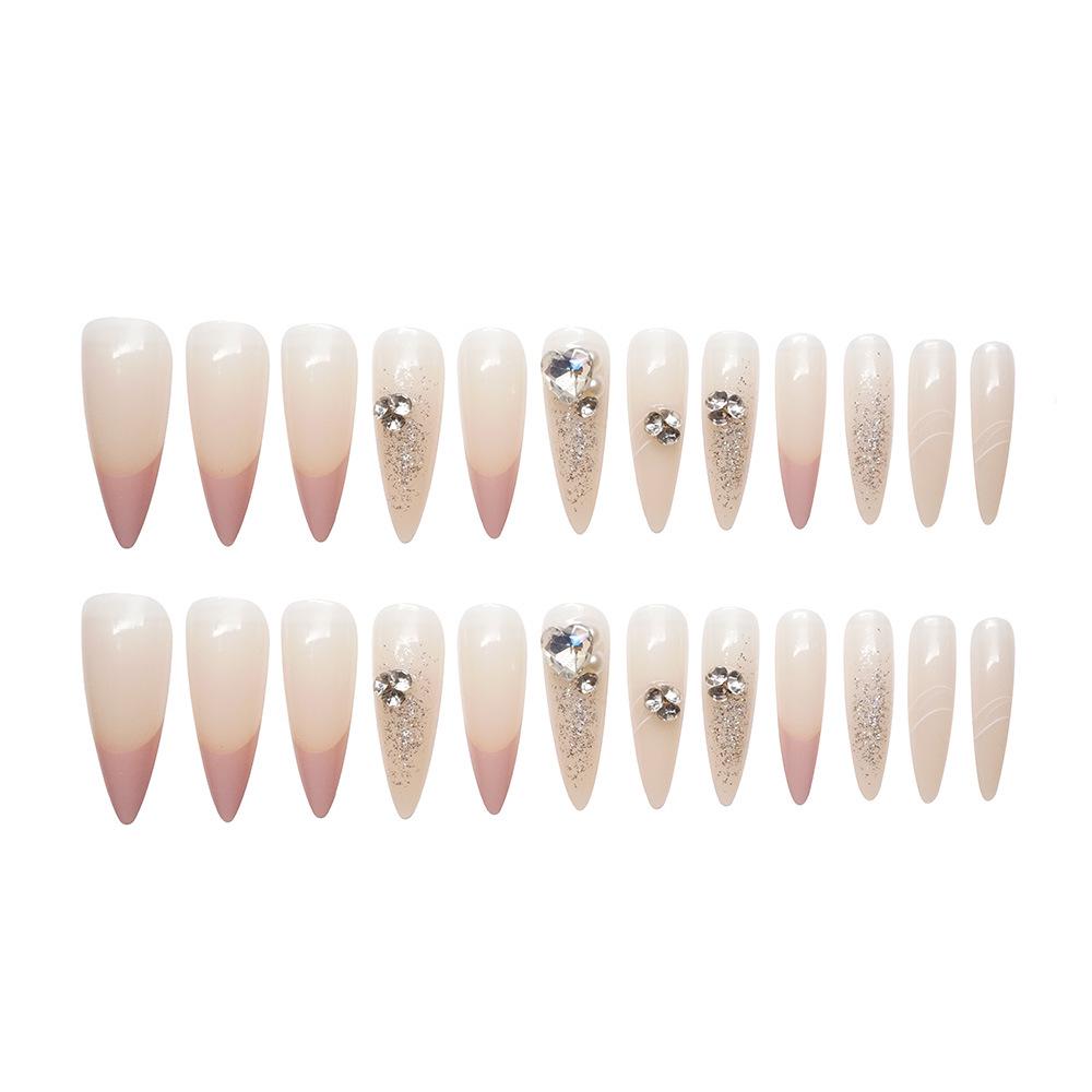 French Princess Pink Rhinestone False Nails - Light Luxury Handmade Nail Art Tips