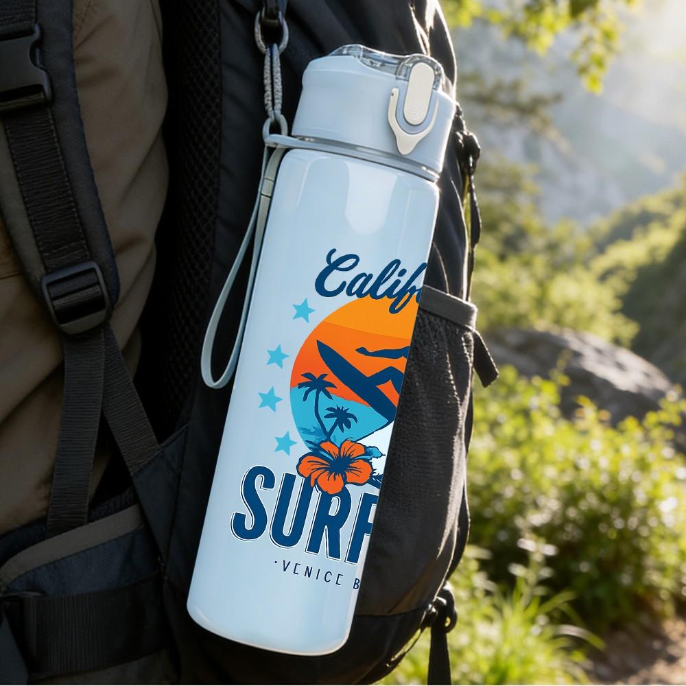 1PC California Surfing Graphic 750ml Color Plastic Sports Water Bottle Leakproof Flip Straw Lid Suitable for Sports Office Home Use