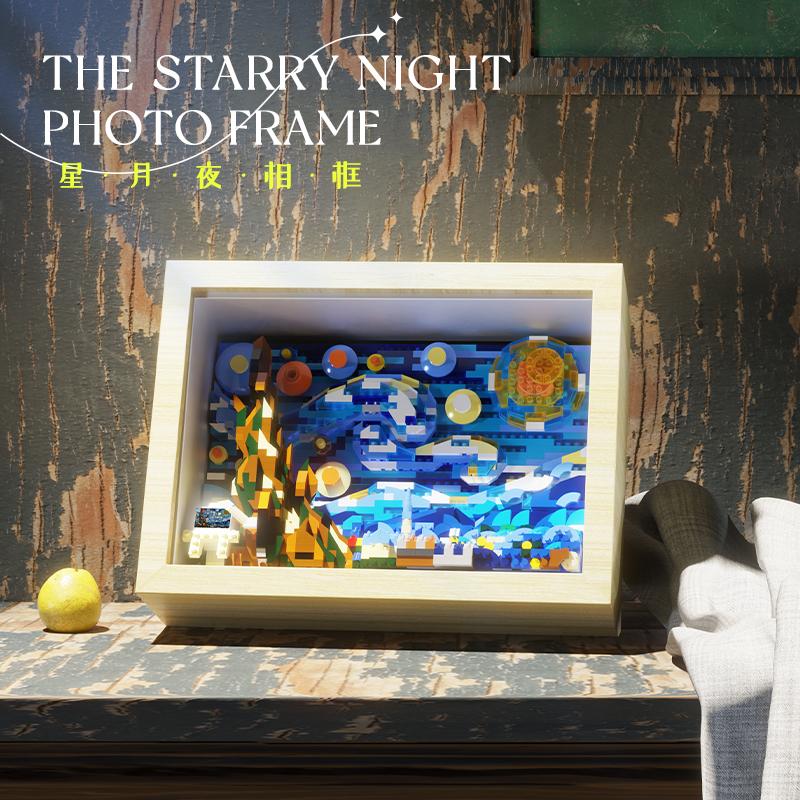 Creative Starry Moon Night Photo Frame 3D Micro Building Block World Famous Painting Ornament Brick With Lighting Kids Gifts Toy