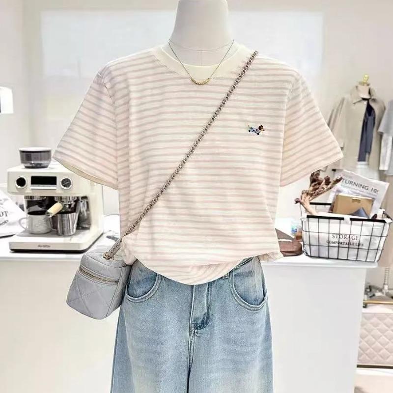 Pure Cotton Striped Embroidered Puppy Summer New Korean Cartoon Loose Slimming Short-sleeved Bottoming Shirt T-shirt Women's Half-sleeve