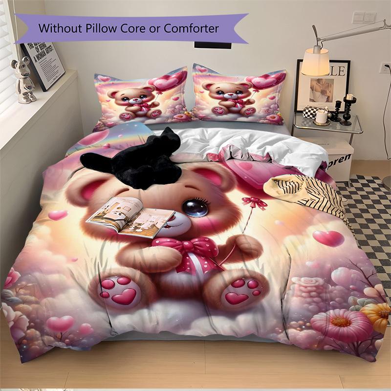 

3 шт. Аниме Плюшевый Мишка Сердечко Воздушный Шар Комплект Постельного Белья - Включает Один Пододеяльник и Две Наволочки (Нет ядра) - Полиэфирная ткань, идеально подходит для кровати 135x200cm