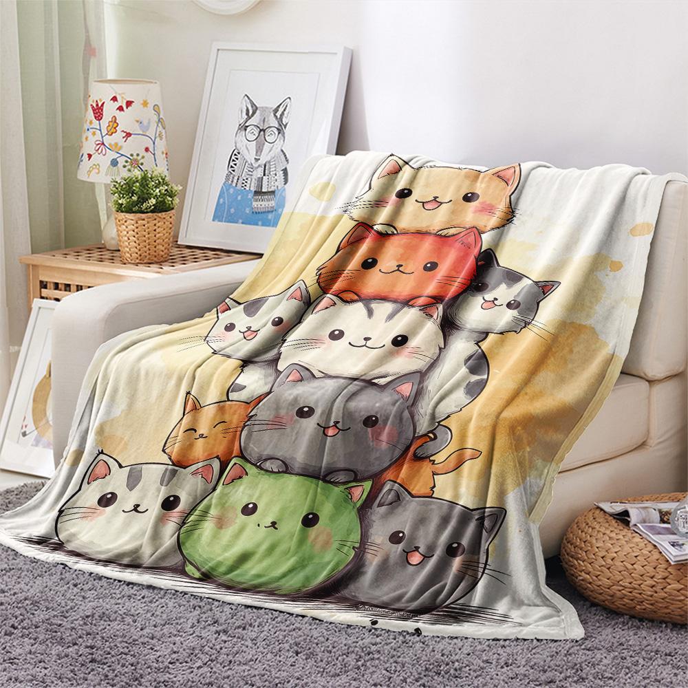 Stacked Cats Print Flannel Blanket, High quality Comfortable for All Seasons, Home Decor, Warmth and Comfort