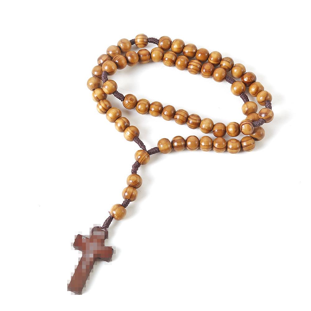 Handmade Natural Wood Bead Rosary with Cross & European American Design