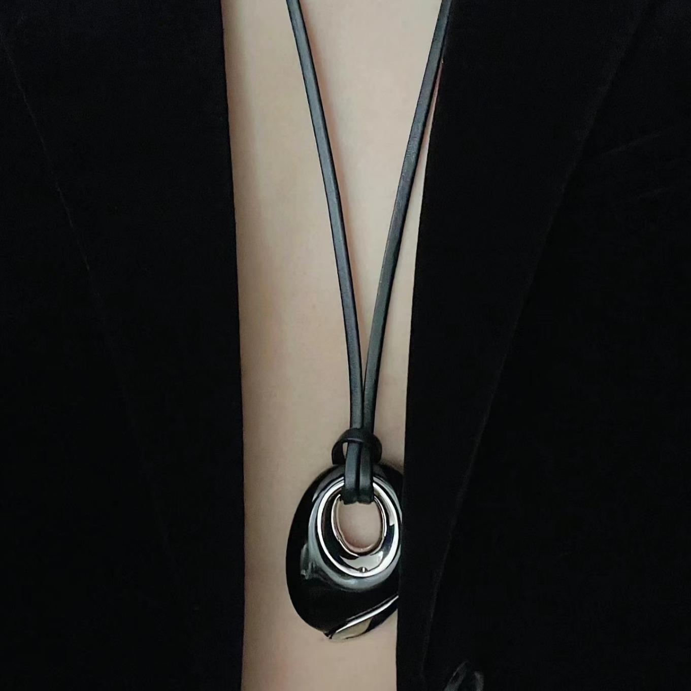 

Obsidian Pendant Necklace with Leather Cord - Luxury French Design Large Flat Leather Cord 5.5*4.0*1.5