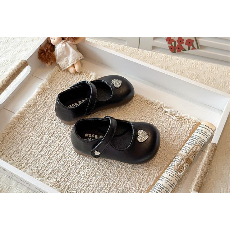 British Style Korean Little Girls Rhinestone Heart Princess Soft Sole Leather Shoes