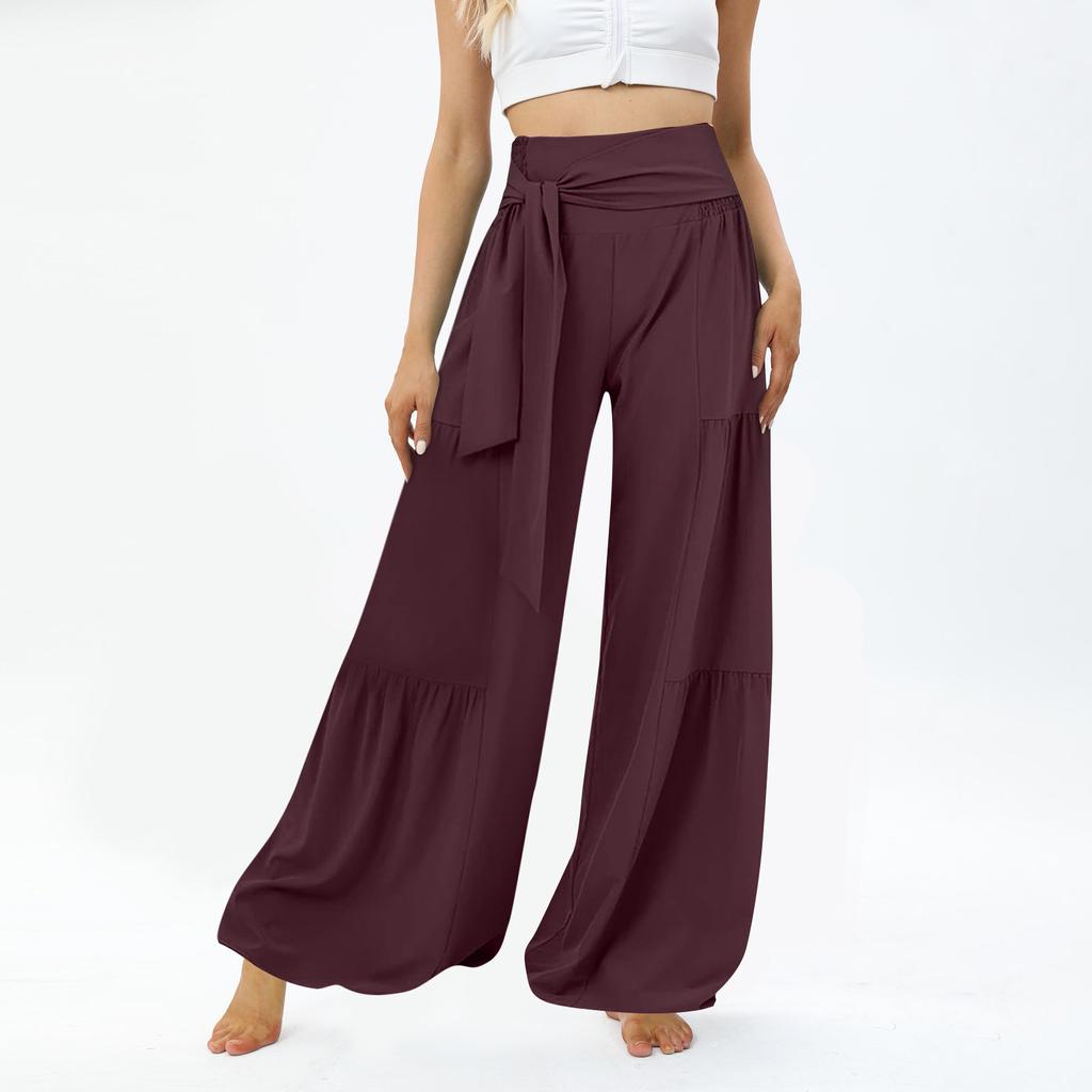 Hohe Taille Gürtel Binden Schlitz Weites Bein Schnelltrocknende Freizeithose Yoga Weites Bein Seitenschlitz Sommer Freizeithose Weites Bein