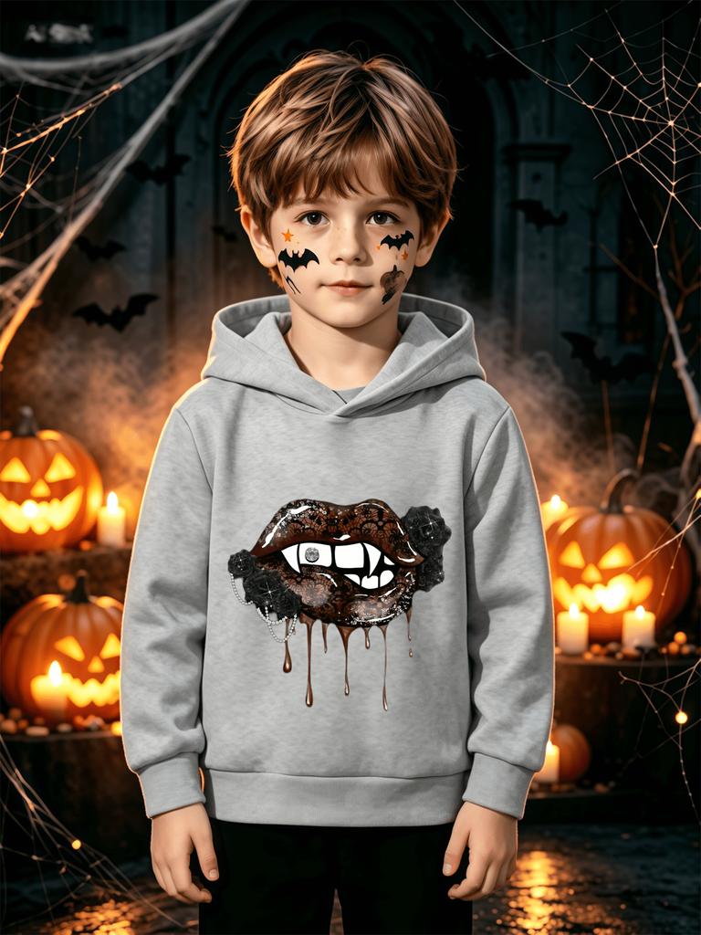 Kids' Hooded Sweatshirt – Soft, Loose-Fit Pullover for Autumn/Winter; Sexy Lip Print; Casual Party Top for Boys and Girls