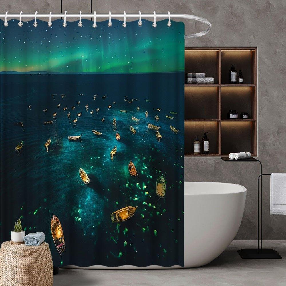 Tranquil Ocean & Aurora Borealis Shower Curtain, Nature-Themed Polyester, Rowboats & Glowing Stars, 12 Hooks, Bathroom Decor