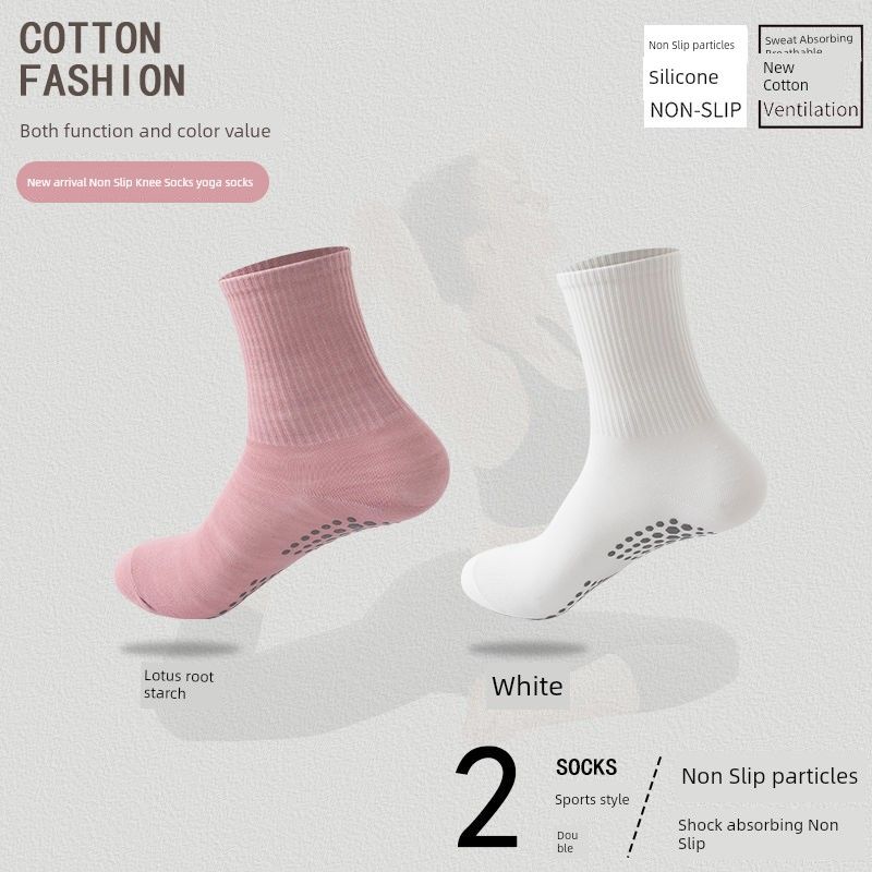 

Aerobics Silicone Bottom Mid-Calf Length Solid Color Indoor Yoga Socks White + lotus root powder