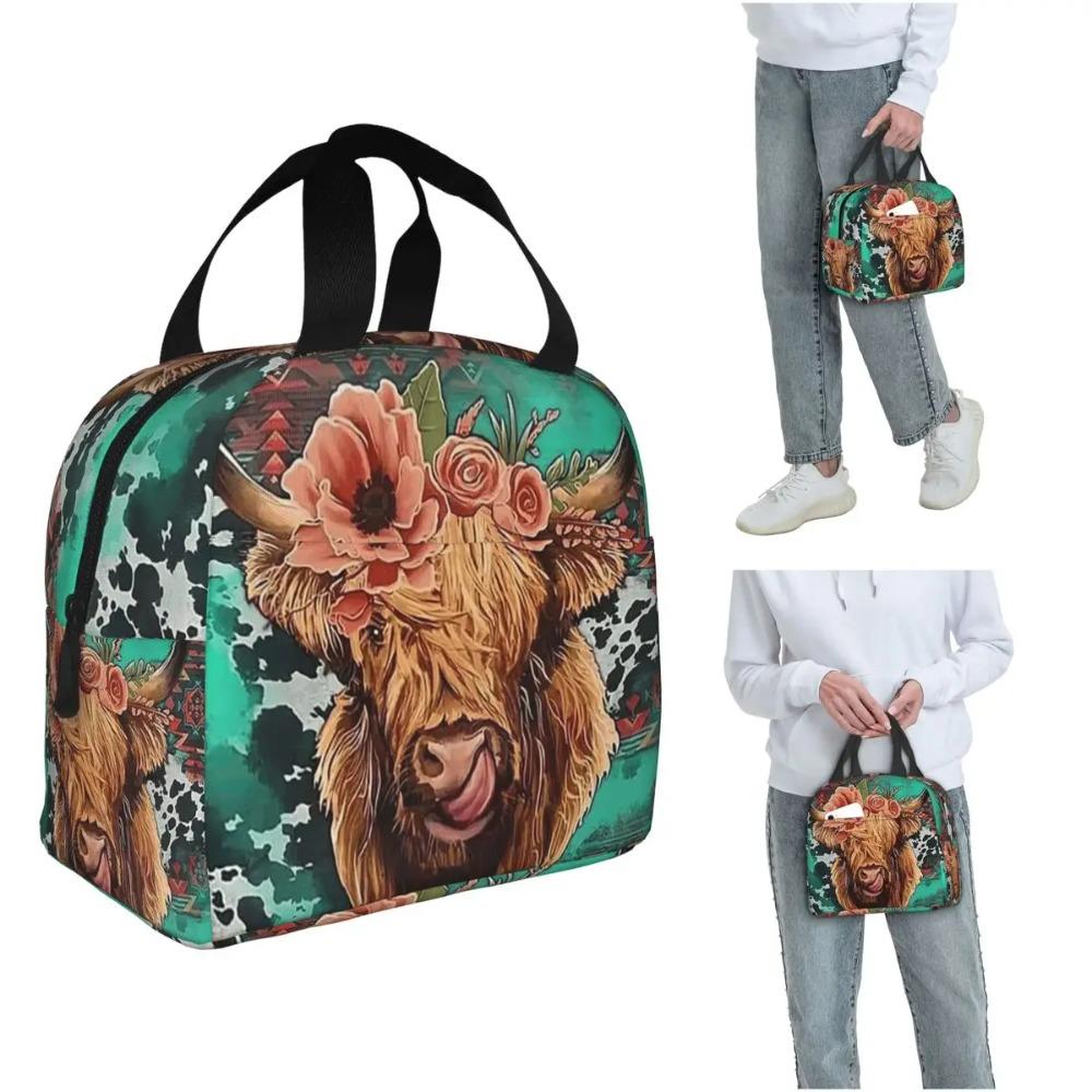 Ox Head Surrounding The Flowers Pattern Insulated Lunch Bag for Women Children Portable Food Boxes Thermal Lunch Box Tote