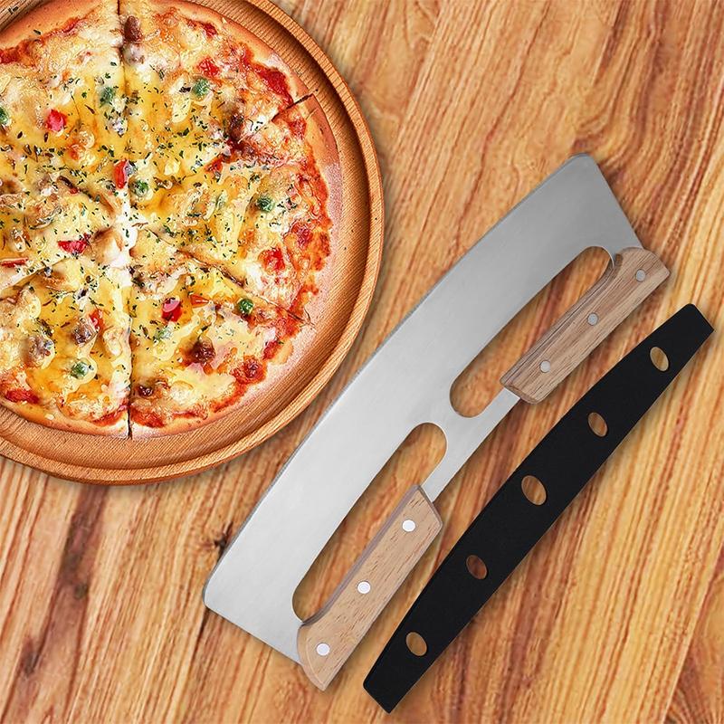 Stainless Steel Pizza Cutter Double Handed Pizza Knife with Safety Knife Sheath Wooden Handle Apple Pie Dispenser Dough Cutter