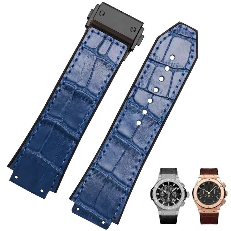26X19mm Real Cow Leather Rubber Watchband for HUBLOT Classic Fusion Universe Big Bang Series Men belt Watch band butterfly Buckl