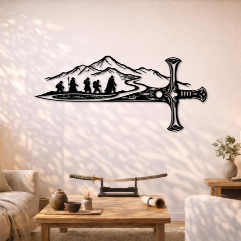 Herr der Ringe Metall Wanddeko, Fantasy Schwertkunst, Epische Reise Silhouette, Abenteuer Berglandschaft, Geschenk für die Männerhöhle
