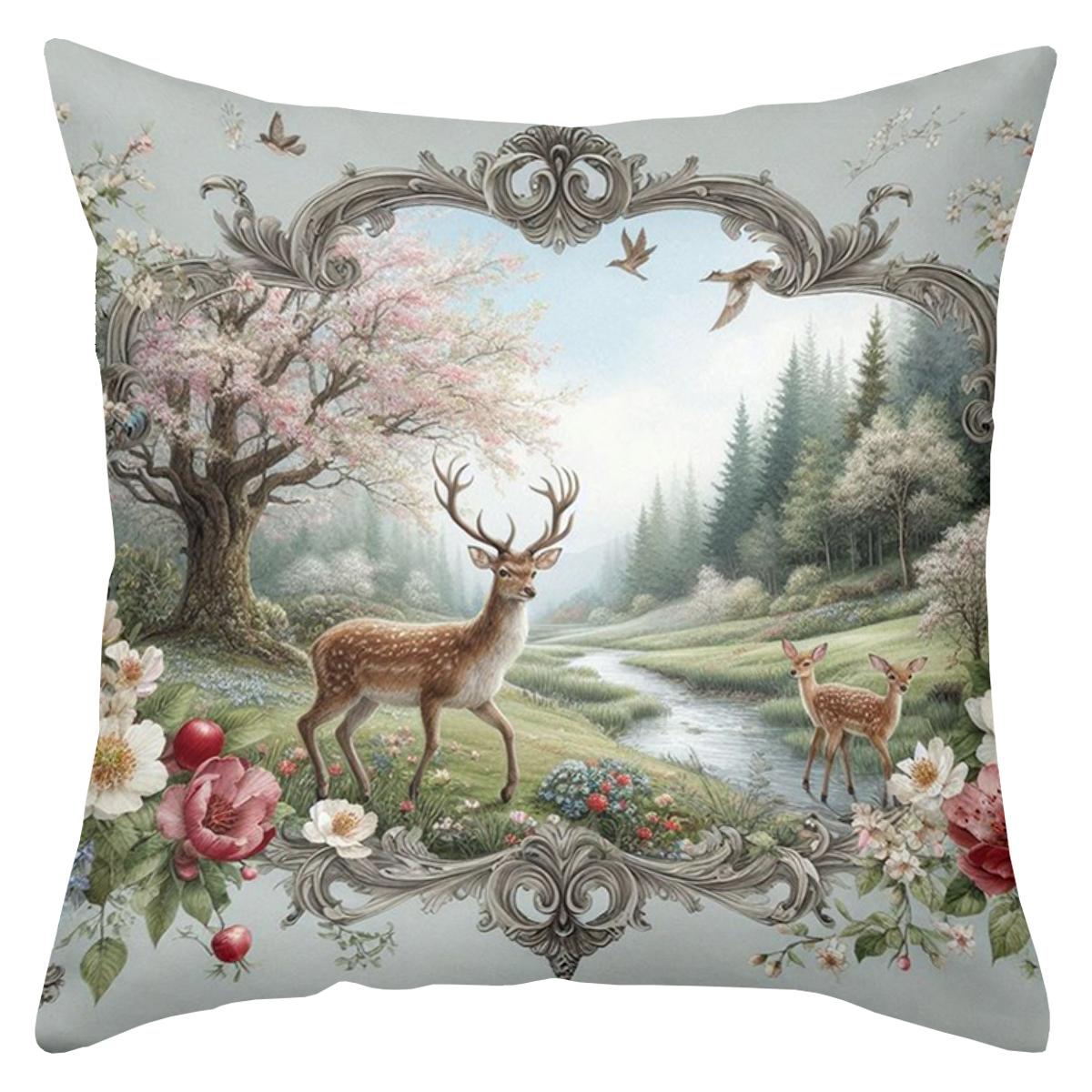 Hert en Bos Scènes Bloemen Decoratieve Kussenslopen Polyester kussensloop, bank decoratieve kussensloop Hoofdbord Kussen 45x45cm